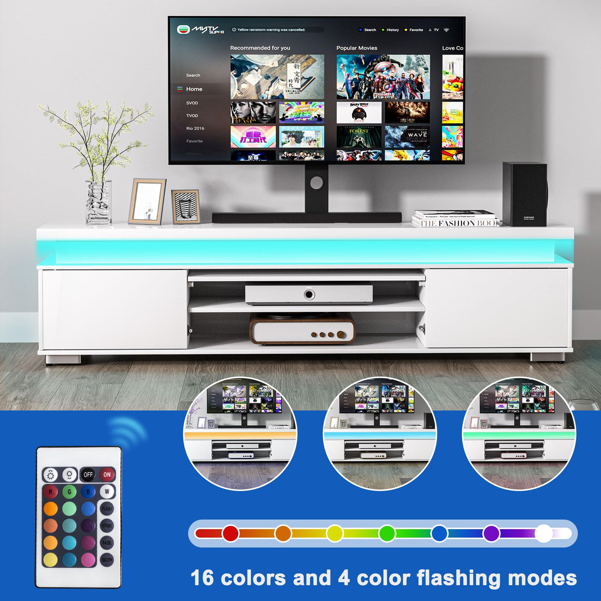 Algglobuy Low TV Stand for TVs up to 80 Inches with LED Lights, Entertainment Center TV Console Table with Storage and Power Outlet, High Gloss TV Stands for Living Room, Bedroom (White) Algglobuy