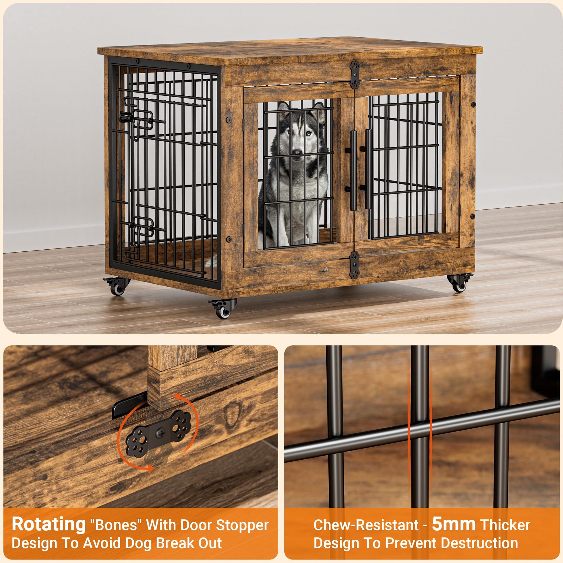 Lulive Dog Crate Furniture, Dog Kennel Indoor Double Doors Wooden Dog Cage, 33'' Heavy Duty Dog Crate with Cushion & Wheels, Decorative End Table Pet House Chew-Resistant for Medium/Small Dog - WoodArtSupply