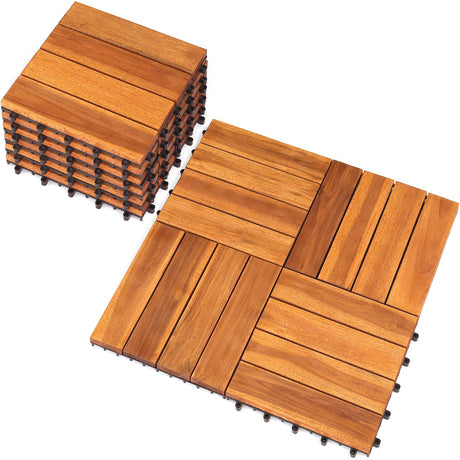 Solid Wood Interlocking Flooring Tiles (Pack of 10, 12" x 12"), Acacia Deck Tiles, Floor Tiles for Both Indoor and Outdoor Use, Waterproof All Weather (12X12, 4 Slat, Natural Color) HOUSE84VN