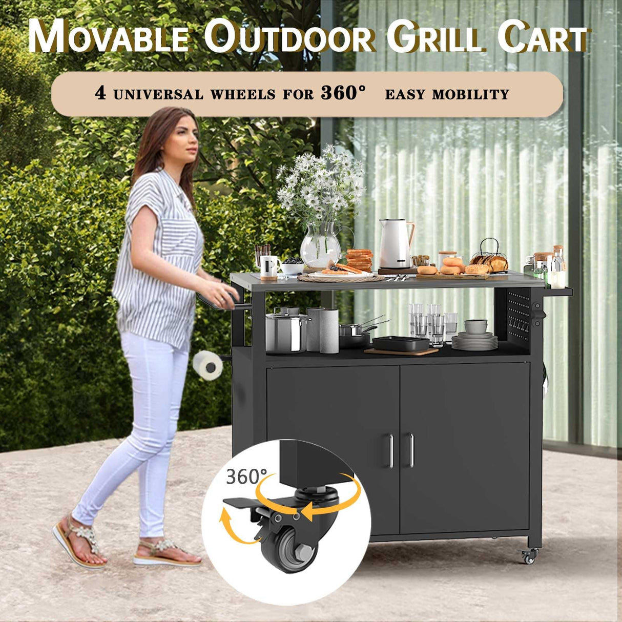 Outdoor Grill Table with Storage, Outdoor Grill Cart for BBQ, Patio, and Backyard, Outdoor Kitchen Island with Stainless Steel Top, 44.88 x 18.11 x 35.43 inch Samesay