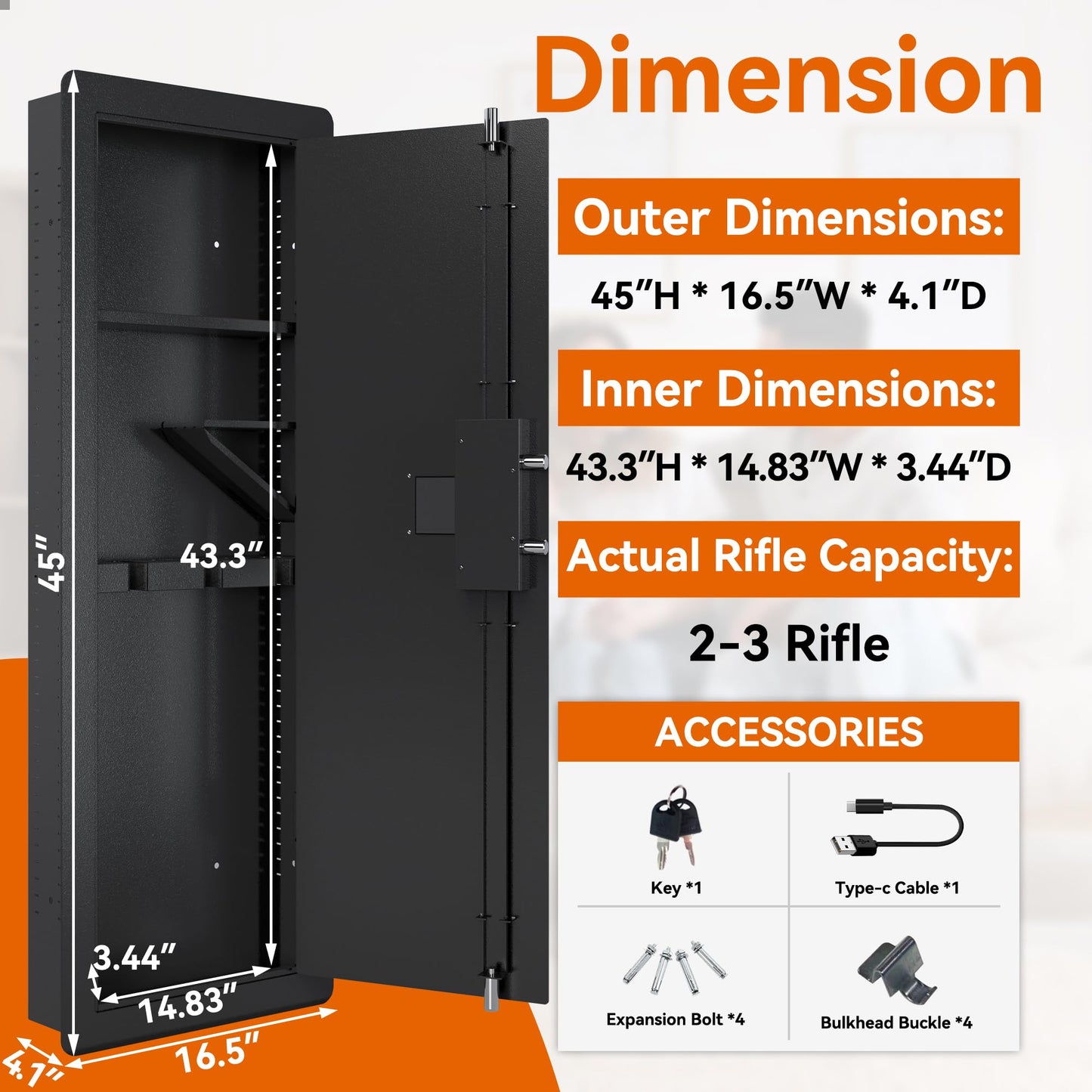 Roomfitters Wall Gun Safe: Quick-Access Rifle Safe with Removable Shelf and Digital Keypad (Black and Silver) – Ideal Gun Safes for Home and Wall Safes Between the Studs