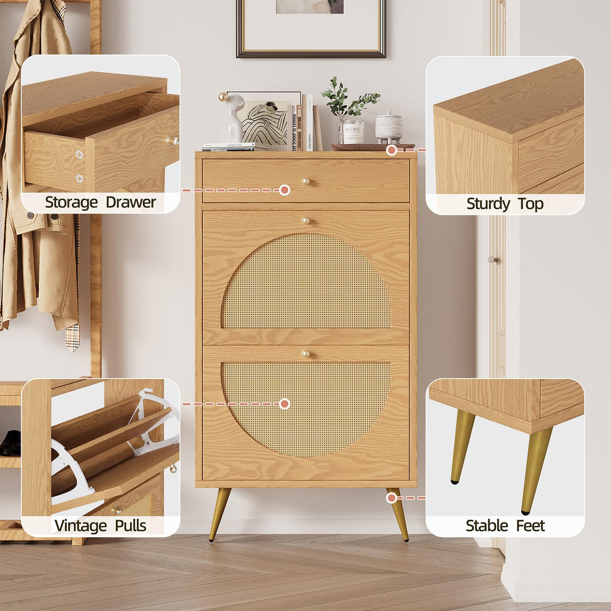 Shintenchi Shoe Rack Storage Cabinet with 2 Semi-Circular Rattan Doors and 1 Drawer, Freestanding Shoe Cabinet with Adjustable Shelf for Front Door Entrance, Hallway, Oak Shintenchi