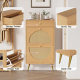 Shintenchi Shoe Rack Storage Cabinet with 2 Semi-Circular Rattan Doors and 1 Drawer, Freestanding Shoe Cabinet with Adjustable Shelf for Front Door Entrance, Hallway, Oak Shintenchi