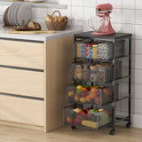 4-Tier Fruit Vegetable Storage Cart - Kitchen Organizer and Storage Cart with Wheels, Wooden Top Metal Wire Fruit Vegetable Rack Stand with Drawers to Storage Onions Potatoes Cans Snacks for Kitchen Yociyoga