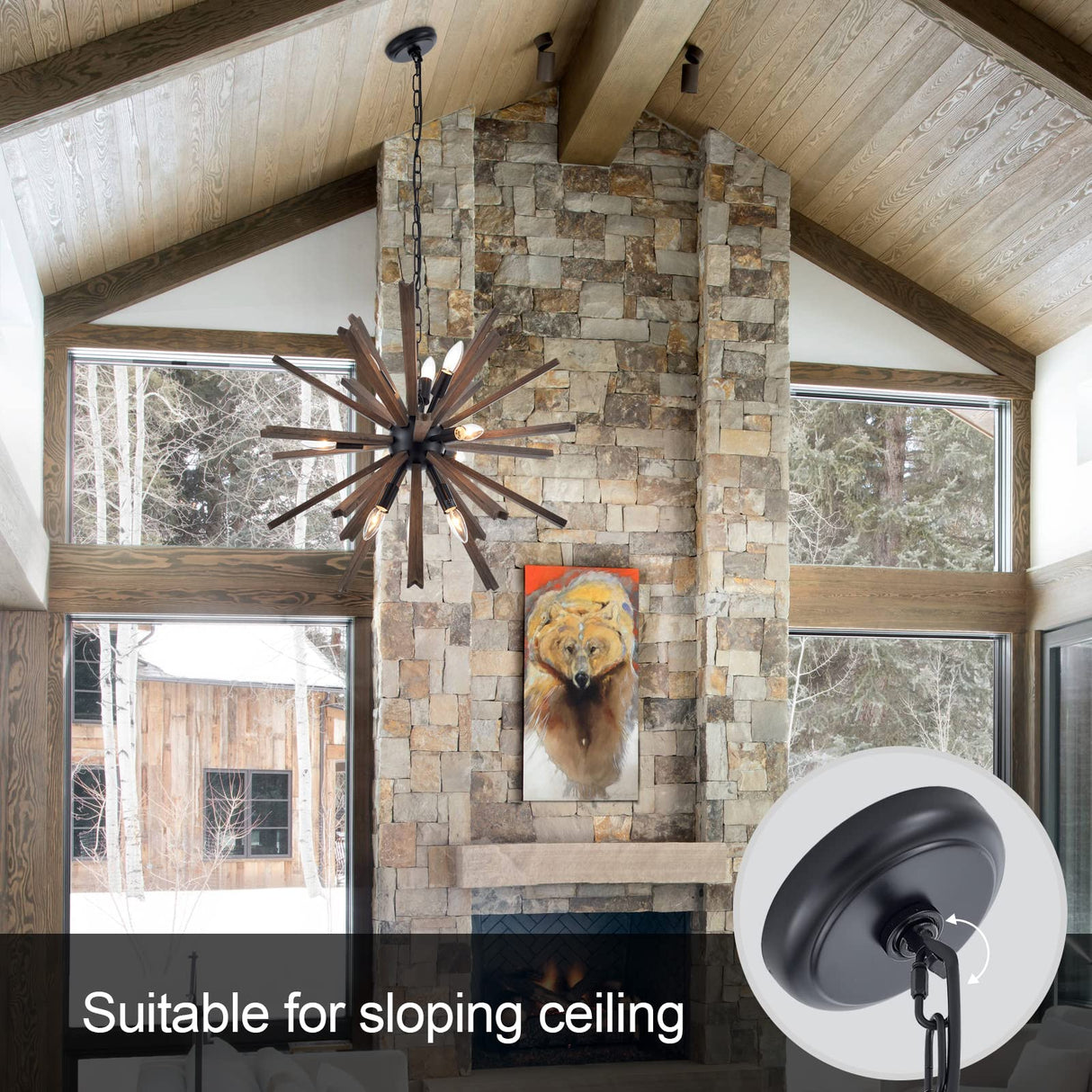 VANZARLA 9-Light Sputnik Pendant Light Black, Farmhouse Wood Chandelier for Dining Room Industrial Hanging Light Fixture Ceiling for Bedroom Entryway Kitchen Foyer Living Room VANZARLA