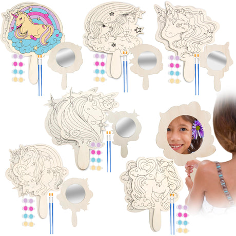 Paint Your Own Mirror Kids Party Craft Kits (12 Unicorn Friends Wood Mirrors)- Each Kit Has its Own Brush & Four Paints- Fun, Unique Birthday Favors, Summer Camp Art Activity, Classroom School Project Idiy