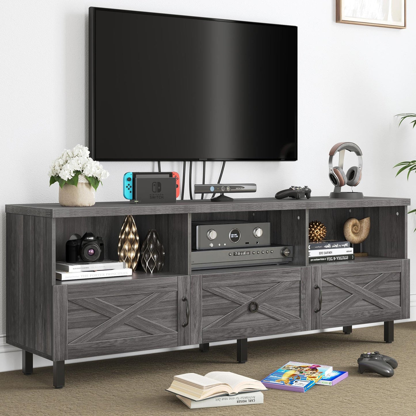 YITAHOME Mid-Century TV Stand for 70/65/60/55 inch, Boho Wood TV Table Farmhouse Media Console with Storage Cabinet and Open Shelves for Living Room, Bedroom, 65 inch, Grey - WoodArtSupply