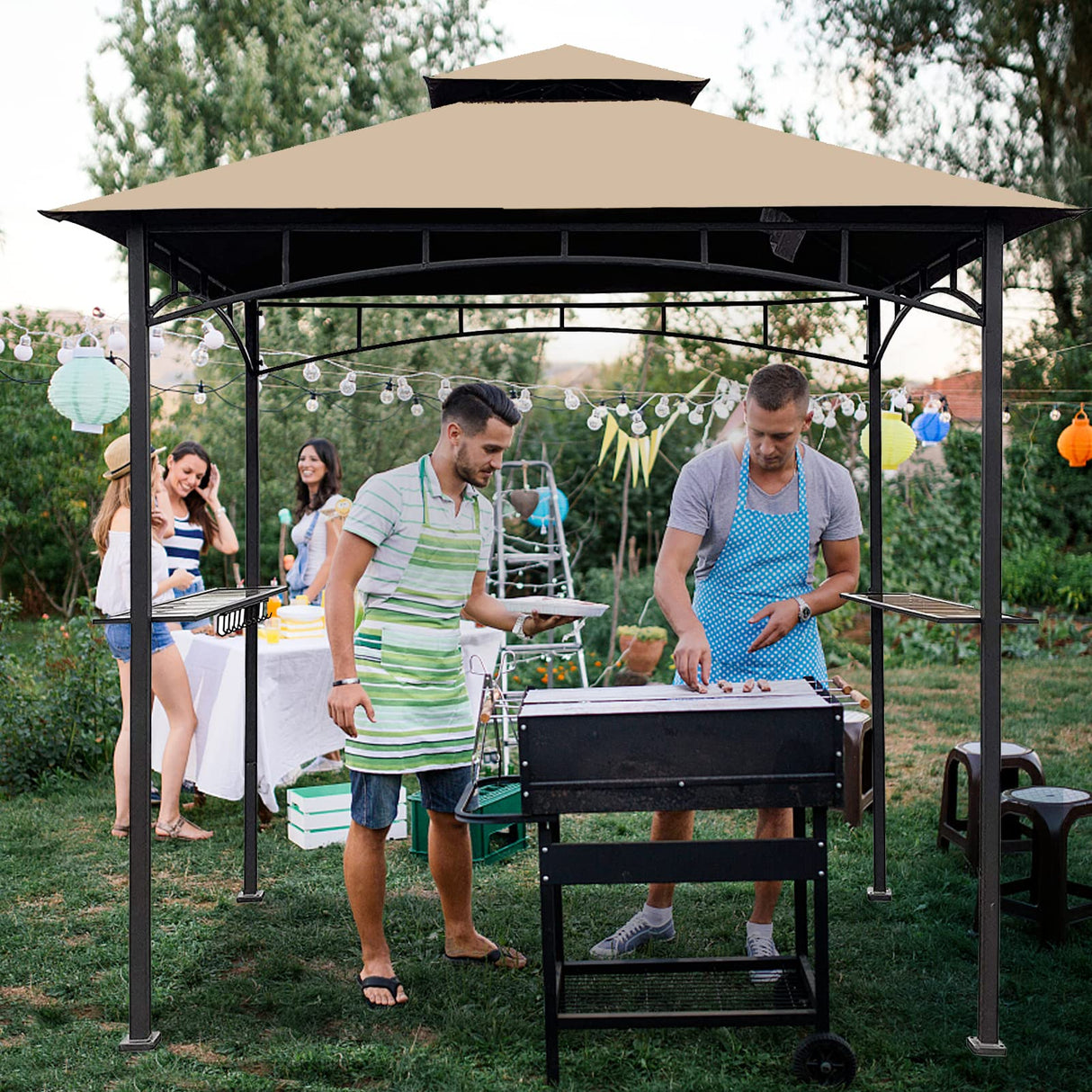 Grill Gazebo Replacement Canopy Top - Wonwon 5x8 Gazebo Roof Double Tiered Outdoor BBQ Roof Cover Grill Shelter Only Fit for Model L-GG001PST-F (Beige) Wonwon