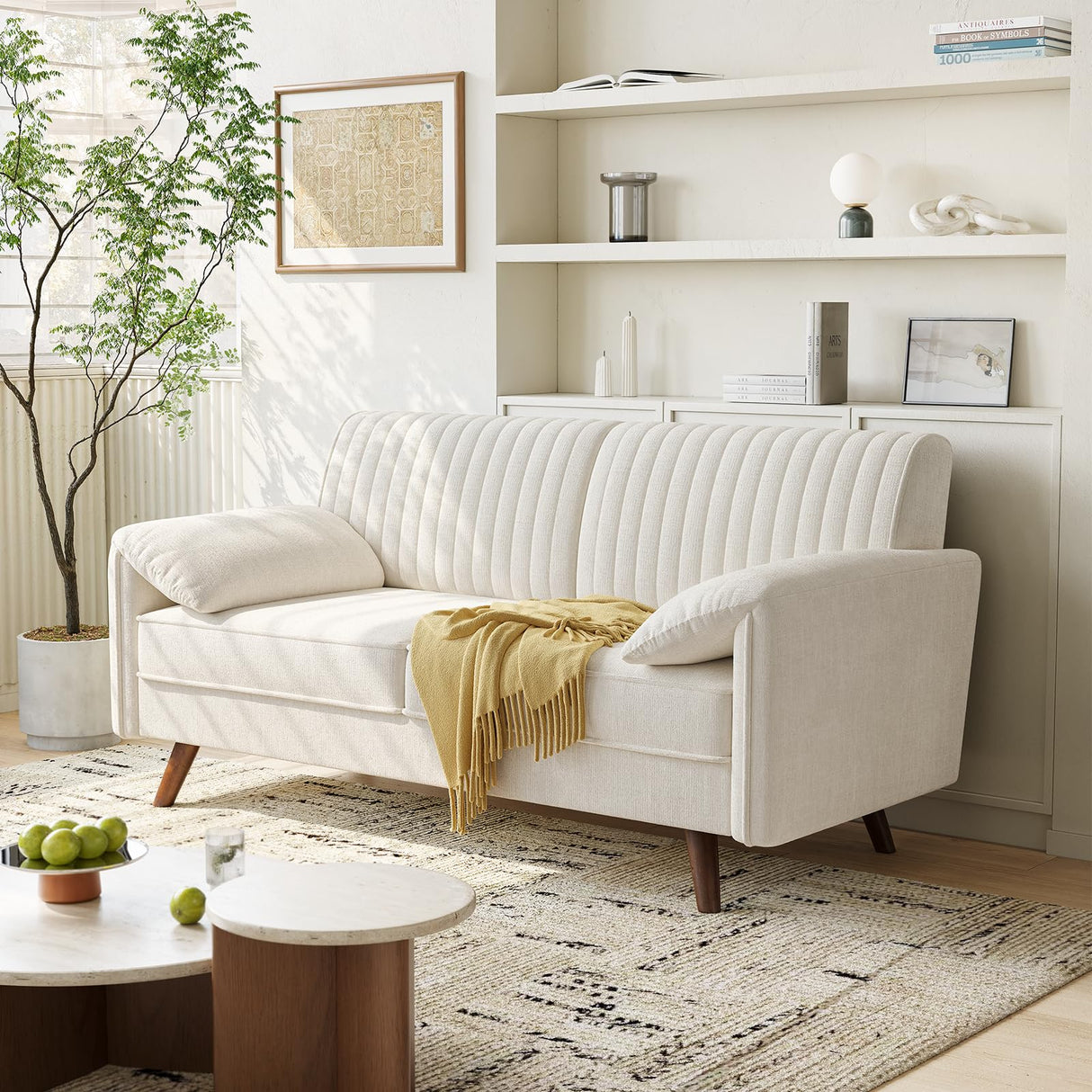 ONBRILL 64.5" Loveseat Sofa, Chenille Loveseat Couch for Living Room, 23.2" Deep Seat Love Seat with Padded Arms, Comfy Modern Small Couches for Bedroom, Small Spaces, Dorms, Office, Beige ONBRILL