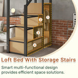 Aurnienofus Queen Size Loft Bed with Stairs and Storage, Metal Loft Bed Frame with Bedside Shelf and Large Under-Bed Space, Heavy-Duty Beds for Adults Teens and Kids, Black Aurnienofus