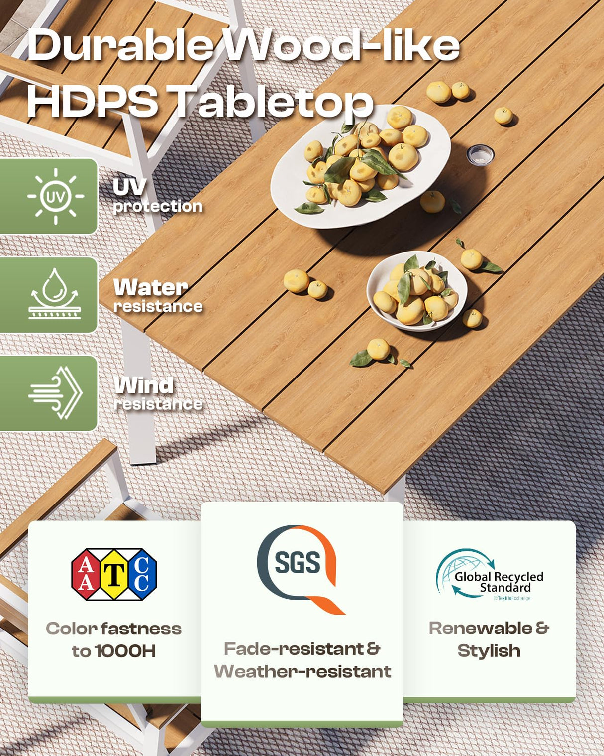 Oasbira Outdoor Dining Set for 4, Patio Table and Chairs Set with Umbrella Hole, 5 Pieces HDPS Outdoor Furniture Sets for Patio, Garden, Backyard (White & Teak) Oasbira