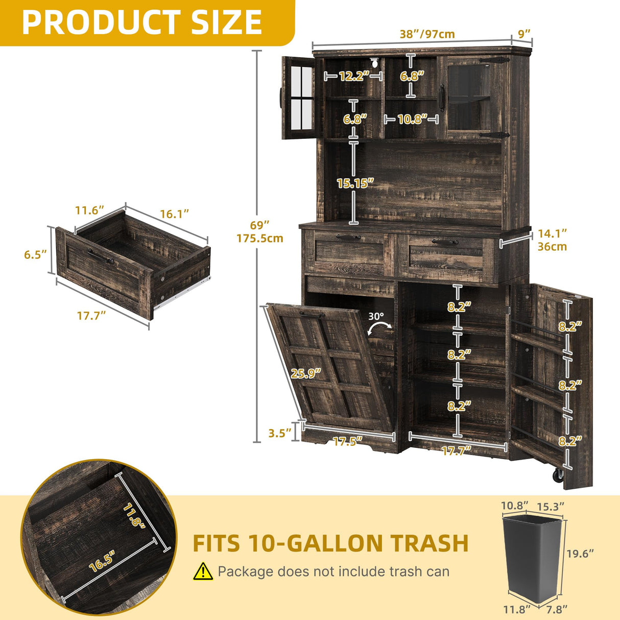 DWVO Kitchen Pantry Storage Cabinet with Tilt-Out Trash Can Fit 10 Gallon, Tall Farmhouse Kitchen Hutch Cabinets with Charging Station & Microwave Stand for Home Living Dining Room, Dark Rustic Oak DWVO