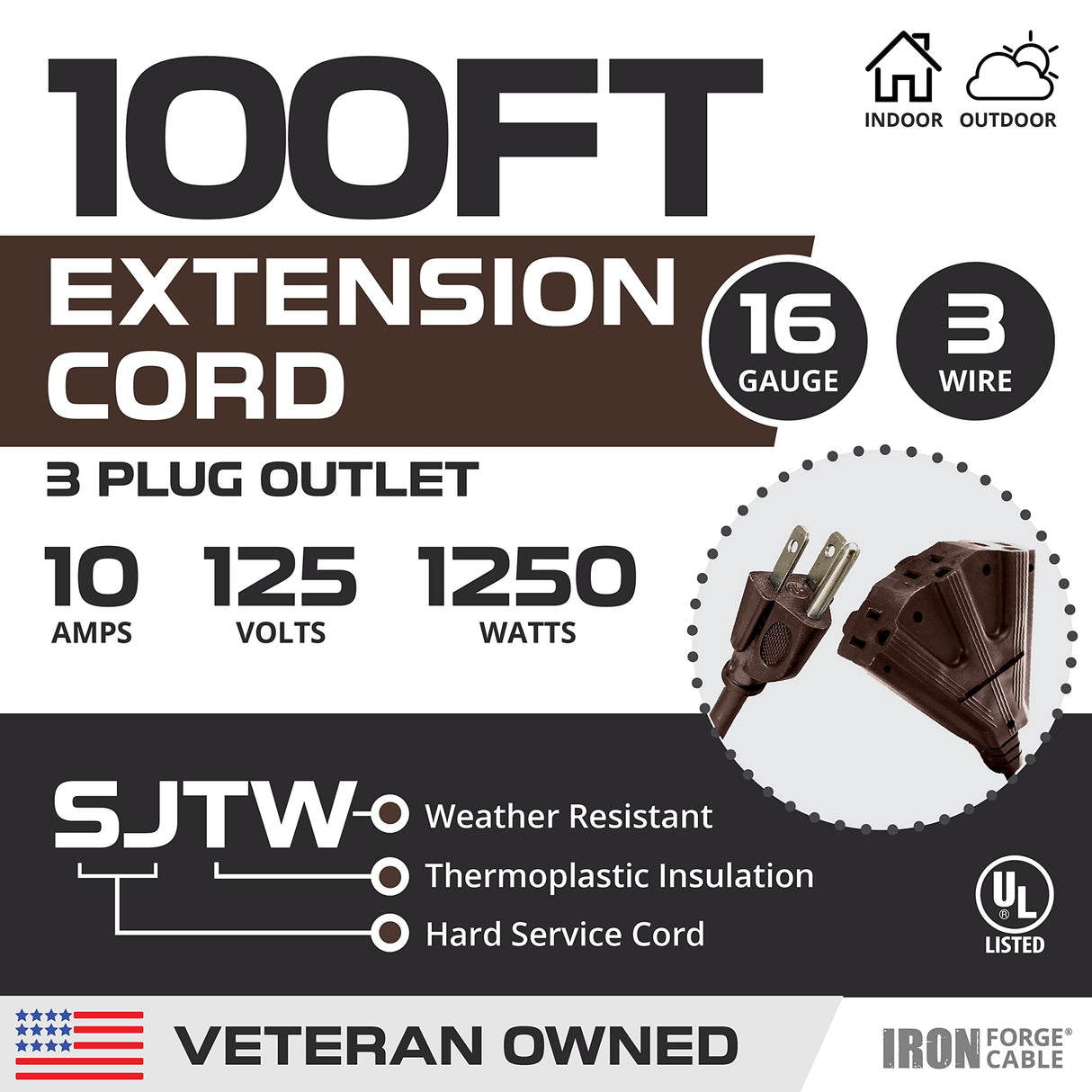 Iron Forge Cable 100 Ft Brown Extension Cord with 3 Outlets,16/3 SJTW Heavy Duty Outdoor Extension Cord, Multiple Outlets, 3 Prongs, Weatherproof Cable for Appliances, Garden, Lawn, Lights Decoration IRON FORGE CABLE