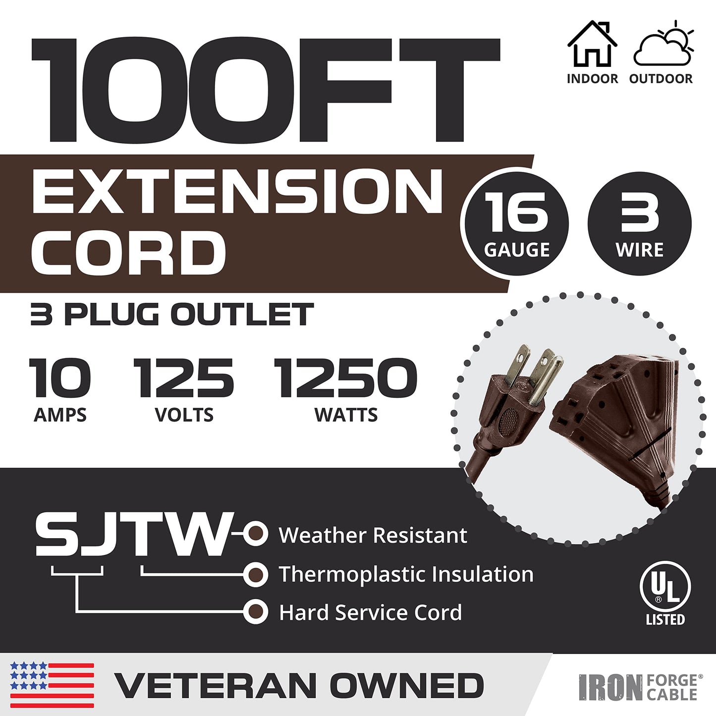 Iron Forge Cable 100 Ft Brown Extension Cord with 3 Outlets,16/3 SJTW Heavy Duty Outdoor Extension Cord, Multiple Outlets, 3 Prongs, Weatherproof Cable for Appliances, Garden, Lawn, Lights De - WoodArtSupply