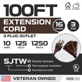 Iron Forge Cable 100 Ft Brown Extension Cord with 3 Outlets,16/3 SJTW Heavy Duty Outdoor Extension Cord, Multiple Outlets, 3 Prongs, Weatherproof Cable for Appliances, Garden, Lawn, Lights Decoration IRON FORGE CABLE