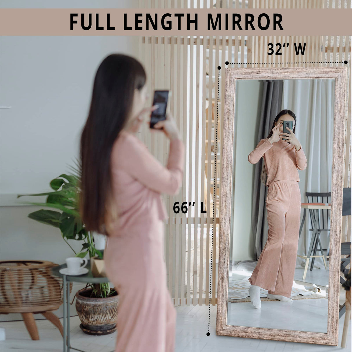 Naomi Home Farmhouse Full-Length Mirror with Wood Frame – Rustic 66"x32" Large Floor Mirror, Elegant Full Body Standing or Wall Mirror, Rustic Wood Mirror Full Length for Bedroom, Warm Grey Finish Naomi Home