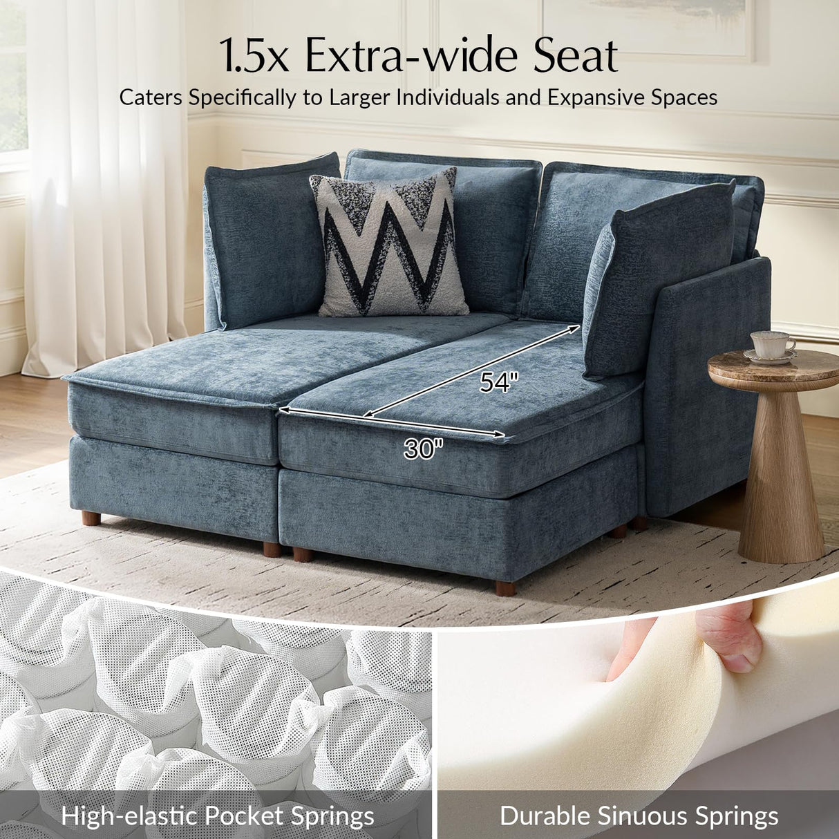 HULALA HOME 129'' Modular Sectional Sofa with Chaise, Oversized U Shaped Sofa with Hidden Storage Compartment, Comfy Cloud Couch with Extra-Wide Seat, Tool-Free Assembly, Blue HULALA HOME