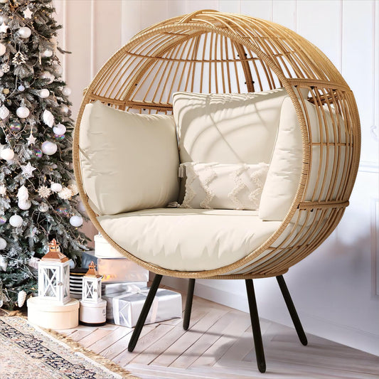 YITAHOME Oversized Egg Chair Wicker Outdoor Indoor Basket Lounger with 370lbs Capacity Large Round Egg Chairs with Stand Cushion for Patio, Balcony, Bedroom - Beige