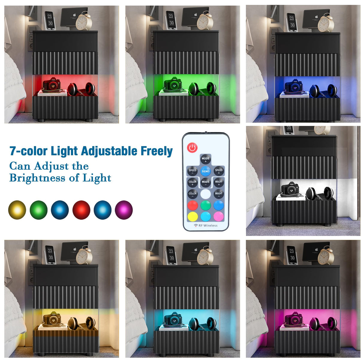 STHOUYN Bedroom LED Nightstand with Gun Drawers, Black Modern Night Stand with USB & Type-C Charging Station, Smart Nightstand Noght Stand, Bedside Table Gun Safe Side End Tables Office (1, Black) STHOUYN