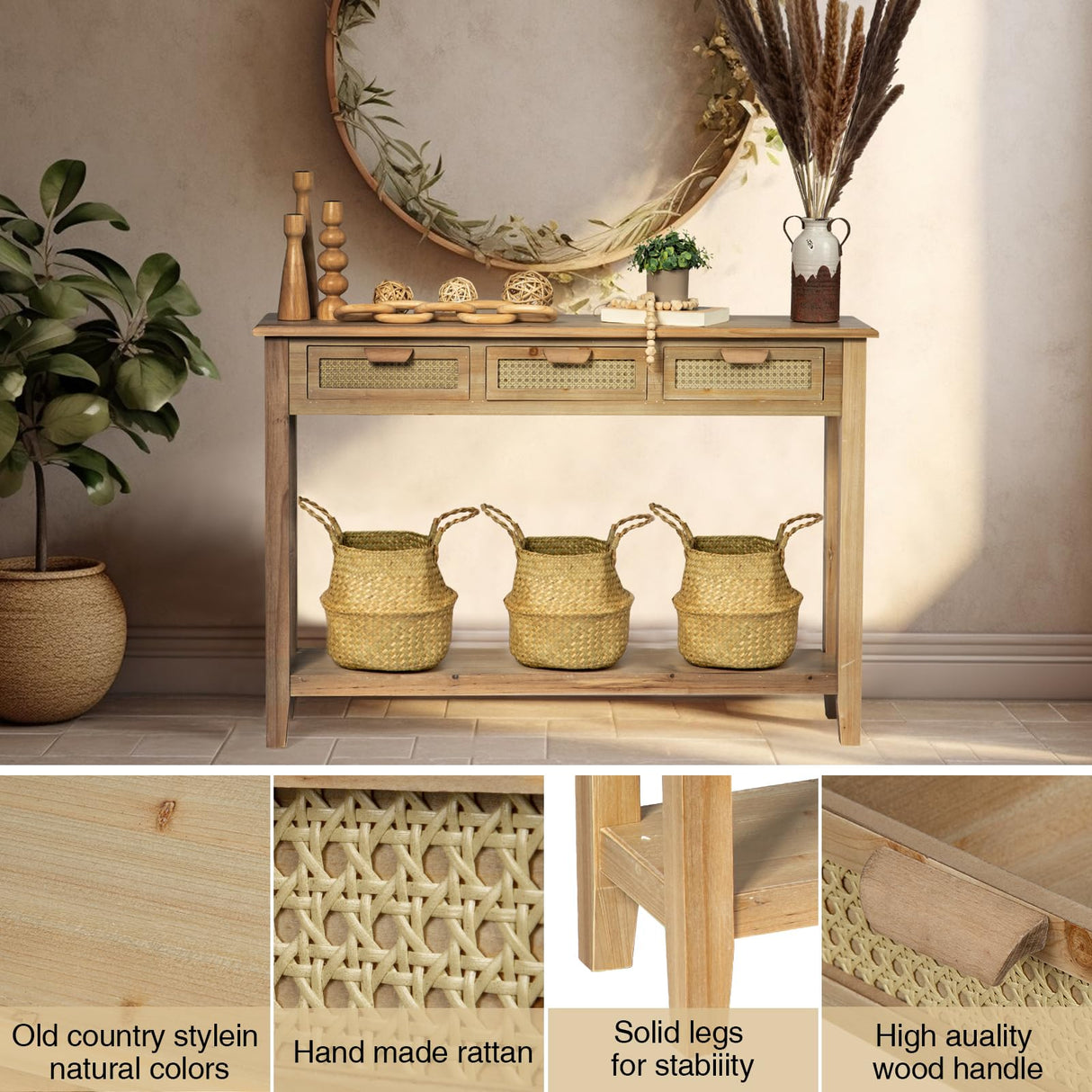 Wnutrees Farmhouse Console Table with 3 Rattan Drawers, 46" Long Narrow Boho Foyer Sofa Tables with Open Storage Shelves for Entryway,Hallway,Living Wnutrees