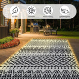 6x9ft Waterproof Outdoor Rug with LED Lights, Bohemia Reversible Plastic Straw Mat for Patio RV Camping Picnic Balcony Beach Deck Indoor Outdoor Carpet, Black&White DiiKoo
