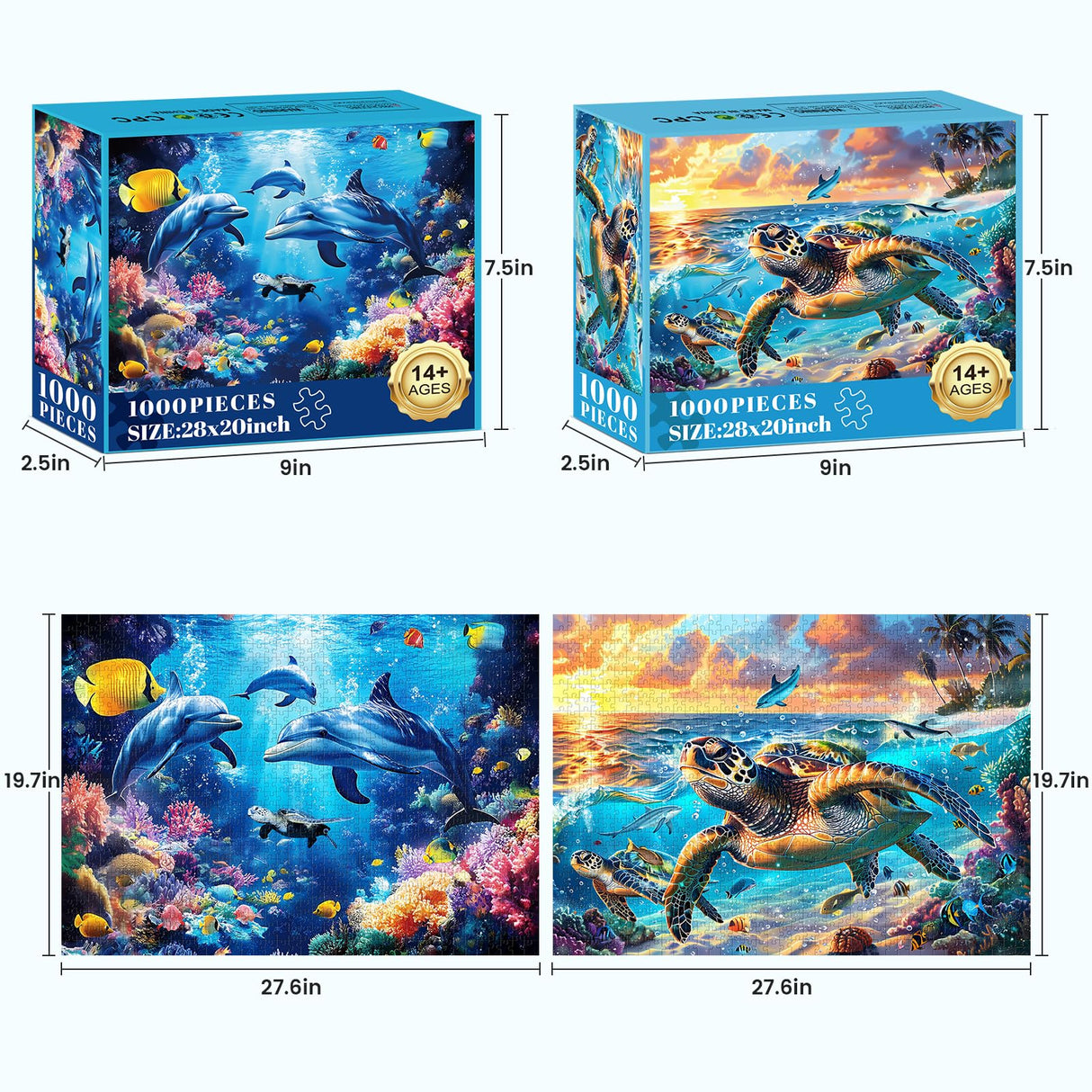 2 Pack Puzzles for Adults 1000 Pieces-Sea Turtle & Dolphins Difficult Jigsaw Puzzles for Adults,Hard Jigsaw Puzzle Decorations DIY Leisure Game Toy Suitable Family Friends(27.5x20 inches) mjyphdm