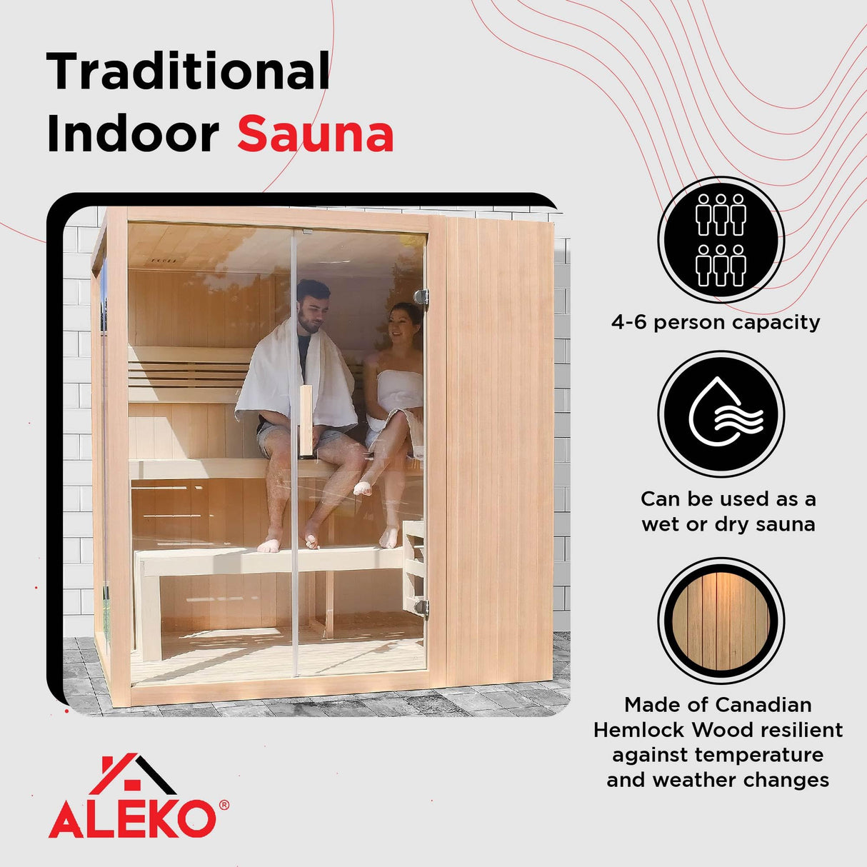 ALEKO Traditional Indoor Sauna | Wet Steam Dry | LED Lights | Canadian Hemlock Wood | 4 Person | Sauna Powered by UL Certified 4.5 kW Harvia Sauna Heater | STHE4INNY ALEKO
