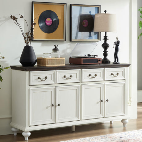 Yechen Sideboard Buffet Cabinet with Storage - 62" Large Buffet Cabinet with 4 Drawers & 4 Doors, Modern Farmhouse Coffee Bar Buffet Table with Wood Top for Kitchen, Dining Room, Living Room, White Yechen