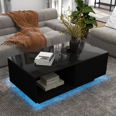 LED Black Coffee Table for Living Room with Drawer & 16 Colors Lights, 43.3IN High Gloss Modern Coffee Table with Storage Space, Rectangle Side Central Table