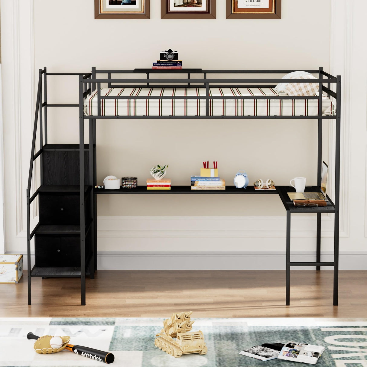 Full Size Loft Bed with L-shaped Desk, Metal LED Loft Bed Frame with Charging Cradle, Space-Saving Full Size Bed with One Cabinet Wardrobe and 2 Storage Drawers, Safety Rails and Ladder, Black FAROUCHE