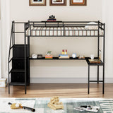 Full Size Loft Bed with L-shaped Desk, Metal LED Loft Bed Frame with Charging Cradle, Space-Saving Full Size Bed with One Cabinet Wardrobe and 2 Storage Drawers, Safety Rails and Ladder, Black FAROUCHE
