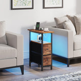 TRIFEBLE End Table with Charging Station, Narrow Side Table with 2 Fabric Drawers, Skinny Nightstand with LED Light, Slim Bedside Table for Bedroom, Living Room, Small Spaces, Rustic Brown TRIFEBLE