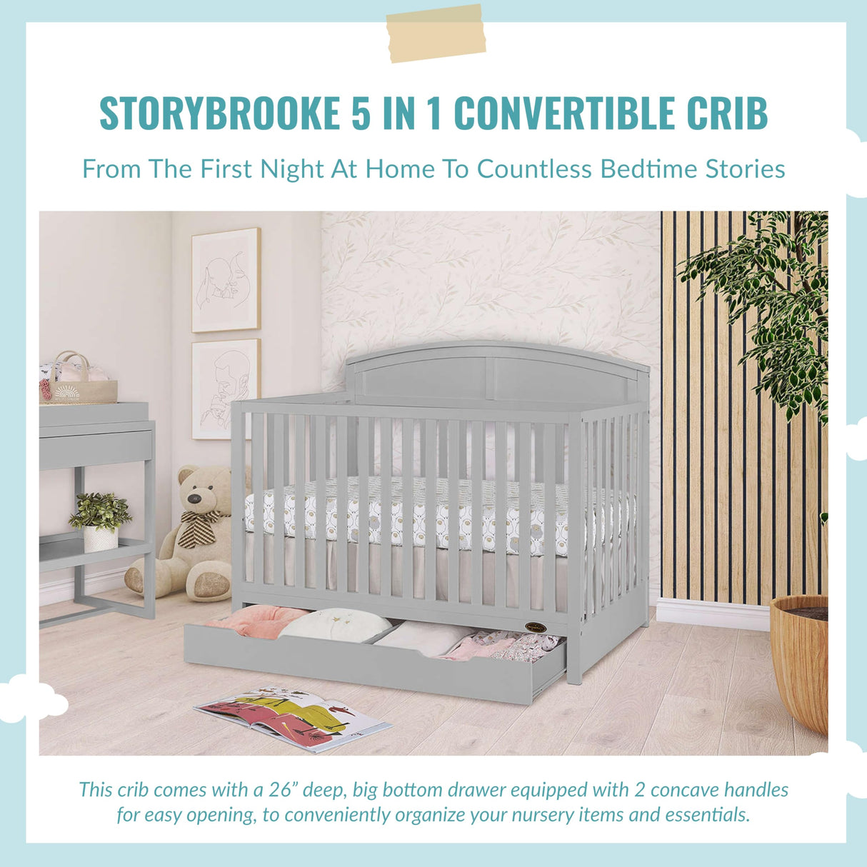 Dream On Me Storybrooke 5 in 1 Convertible Crib with Under Drawer in Pebble Grey, JPMA & Greenguard Gold Certified, Made of Sustainable Pinewood, Non-Toxic Water-Based Paint Finish Dream On Me