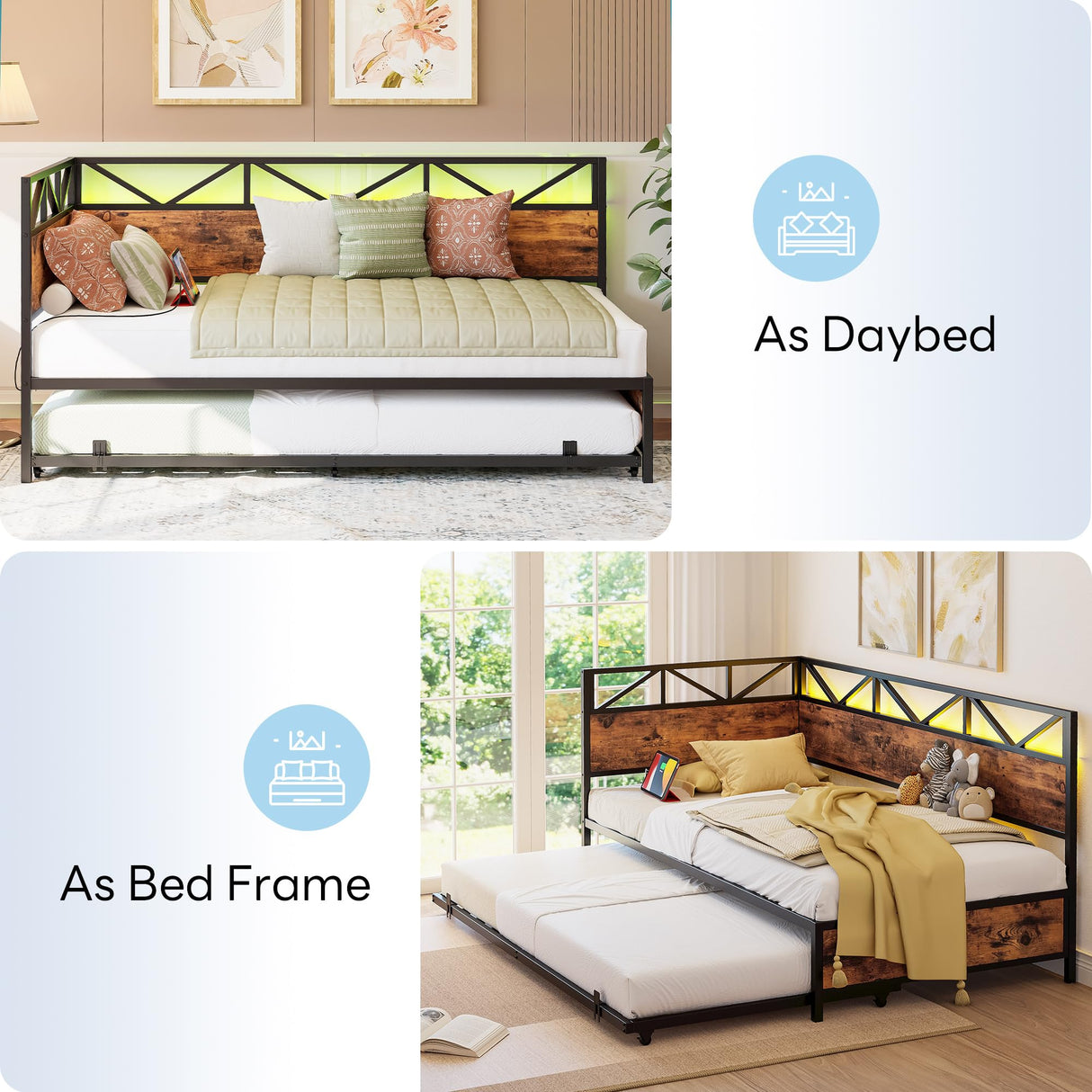 LIKIMIO Daybed with Trundle, Metal Twin Size Bed Frame with Charging Station and LED Lights, Sofa Day Bed with Strong Supports for Living Room, Bedroom and Guest Room LIKIMIO