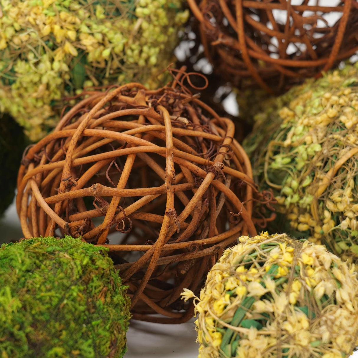 BYHER Decorative Balls for Centerpiece Bowls, 18pcs Fake Moss Balls + Wicker Rattan Balls Set Vase Bowl Filler for Home Garden Wedding Party Decor (Fresh Green + Rustic Brown) BYHER