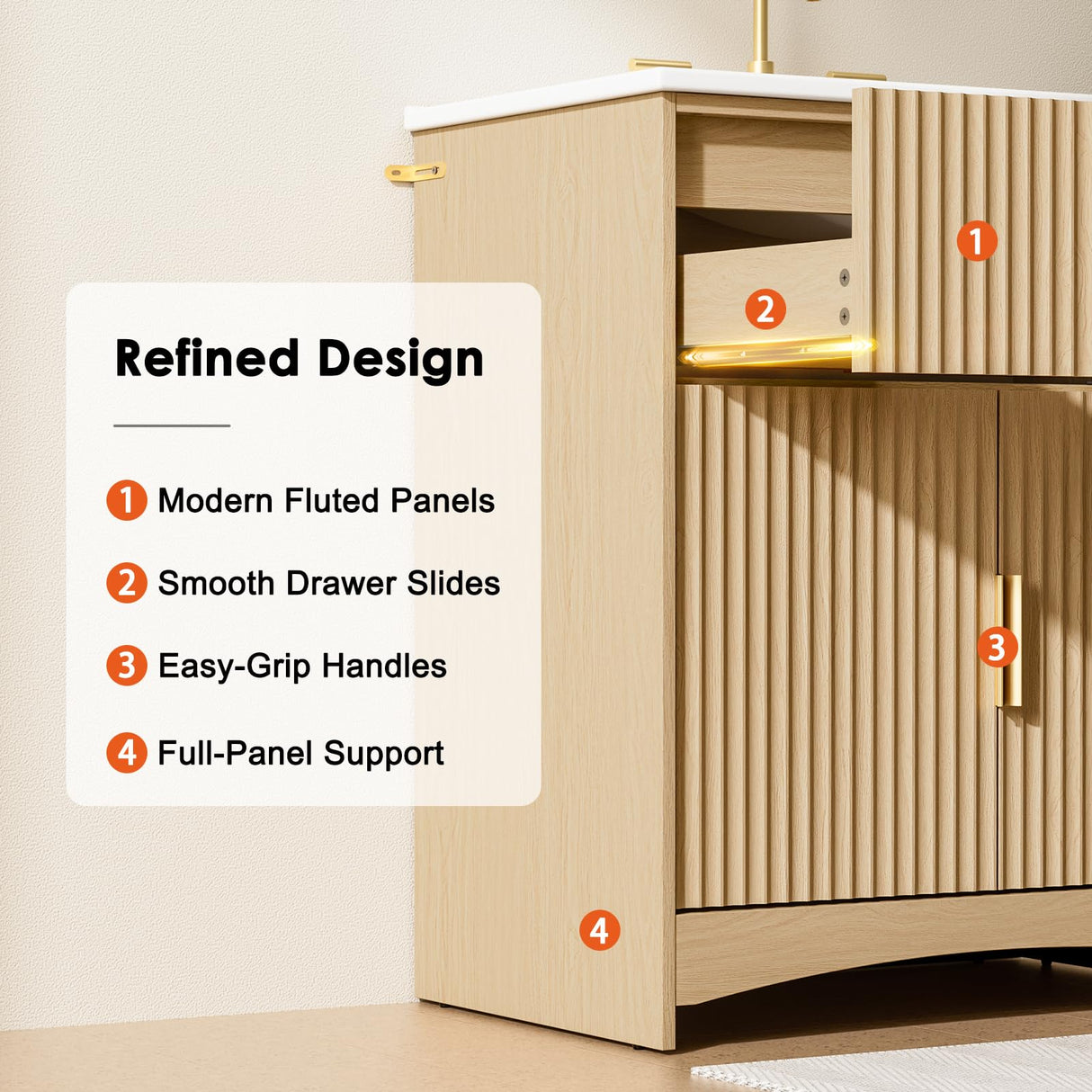 Amada 30″ Bathroom Vanity with Ceramic Sink, Modern Undermount Vanity Sink Cabinet with 2 Doors and 1 Drawer, Fluted Free Standing Bathroom Storage Cabinet with Sink Combo Set, Natural Oak AMADA HOMEFURNISHING