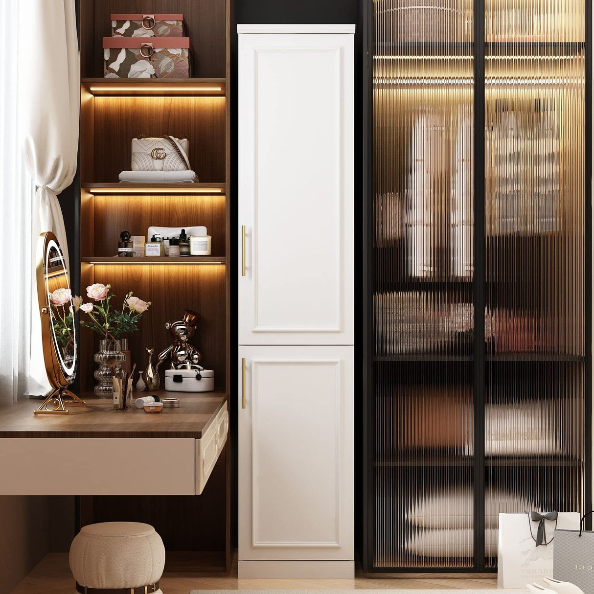 FAMAPY 2 Door Wardrobe Tall and Narrow Armoire Wardrobe with Hanging Rod, Gold Metal Handles, Closet for for Bedroom White (15.7”W x 19.3”D x 74.9”H) FAMAPY