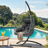 YITAHOME Hanging Egg Chair, Outdoor Patio Wicker Hammock Egg Chair Indoor with Cushion, Rattan Swing Chair 350lbs for Balcony, Garden Bedroom, Gray with Stand YITAHOME