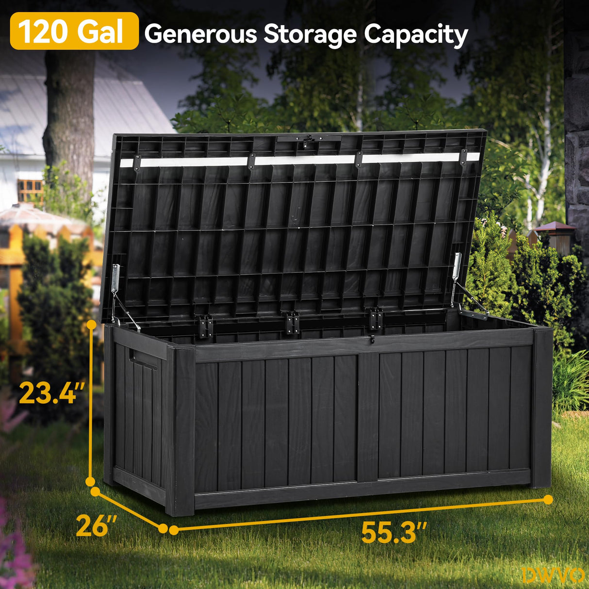 DWVO 120 Gallon Large Deck Box, Outdoor Lockable Storage Bin for Gardening Tools, Pool floats, Patio Cushions, Waterproof and UV Resistant Resin (Black) DWVO