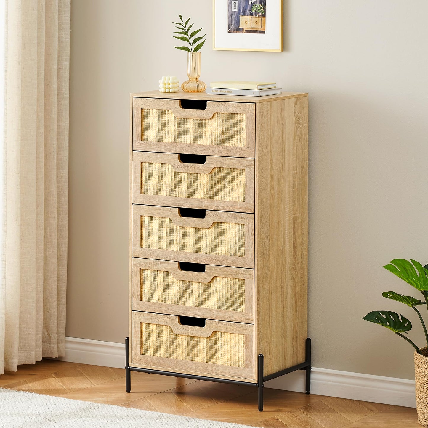 Rattan Tall Dresser for Bedroom, Wooden 5 Drawer Dresser with Ample Cloth Storage Space, Farmhouse Rattan Chest of Drawers, Vertical Metal Leg Dresser for Living Room, Easy Assemble, Oak - WoodArtSupply