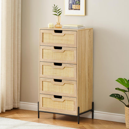 Rattan Tall Dresser for Bedroom, Wooden 5 Drawer Dresser with Ample Cloth Storage Space, Farmhouse Rattan Chest of Drawers, Vertical Metal Leg Dresser for Living Room, Easy Assemble, Oak - WoodArtSupply