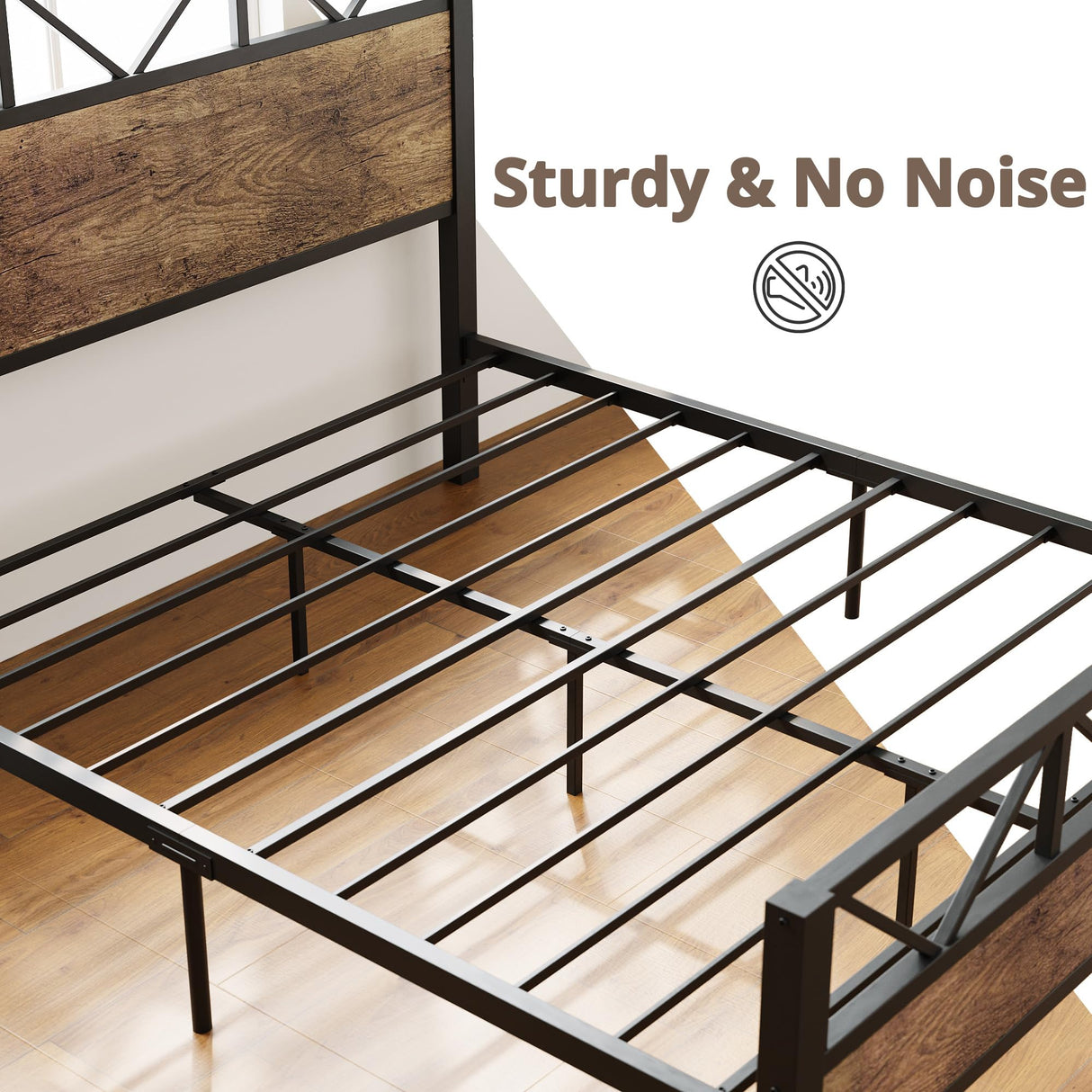 LIKIMIO Queen Bed Frame, Tall Industrial Headboard 51.2 ", Platform Bed Frame with Strong Metal Support, Solid and Stable, Noise Free, No Box Spring Needed, Easy Assembly, Vintage Brown, Rustic Maple LIKIMIO