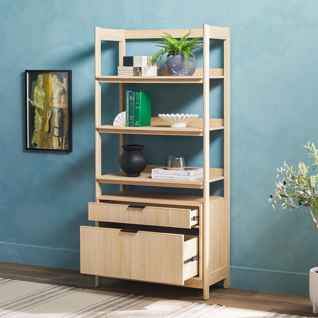 Walker Edison Transitional Open Reeded 4-Shelf Bookshelf with Drawers on Bottom, Versatile Bookcase with Bottom Storage for Home Office, Living Room, Bedroom, 33”W x 16.75”D x 70”H, Coastal Oak Walker Edison