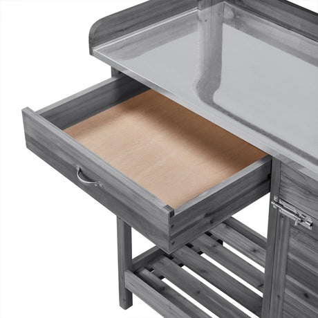 Topeakmart Garden Potting Bench Wooden Workstation Outdoor Wooden Potting Table W/Top Shelf & Lower Shelf & Cabinet Drawer & Open Shelf Gray Topeakmart