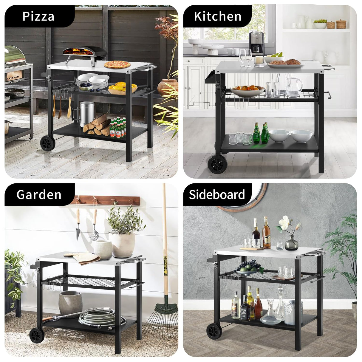 DNKMOR Dining Cart Table with Three Shelf, Movable Outdoor BBQ Grill Table Pizza Oven Stand with Three Hooks, Kitchen Cart Island Multifunctional Food Prep Table for Inside and Outside (Sliver) DNKMOR