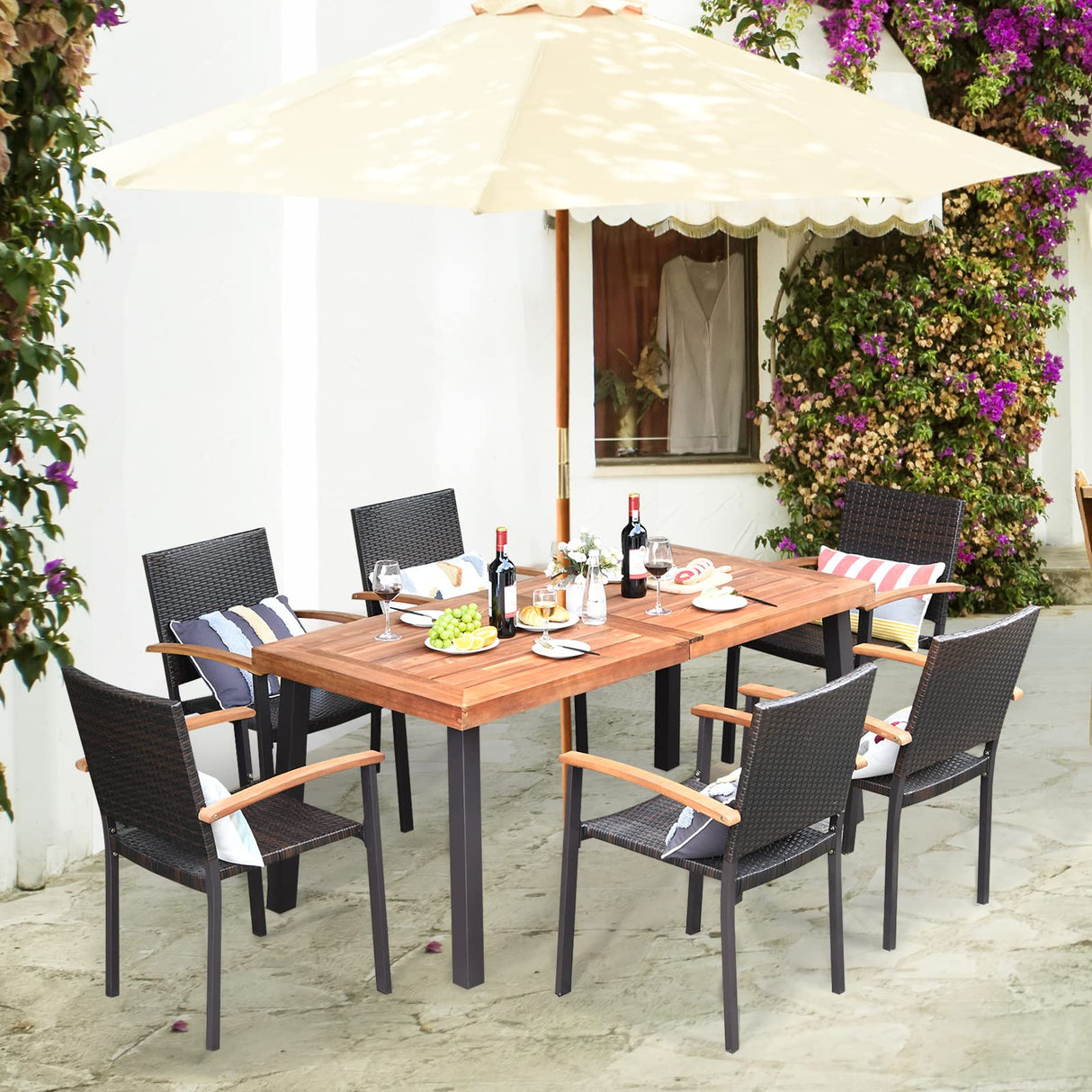 Tangkula 7-Piece Wicker Patio Dining Set, Patiojoy Outdoor Rattan Garden Yard Furniture Set, Acacia Wood Tabletop Dining Table with Umbrella Hole & 6 Stackable Rattan Chairs Set Tangkula