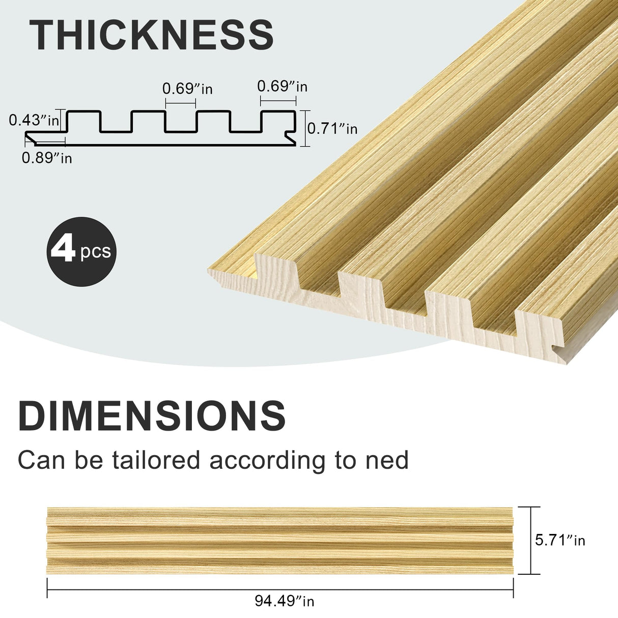 ROOMTEC 4 Packs 94.5” x 5.7” Solid Wood Panels for Wall, Acoustic Wood Slat Wall Panels for Interior Wall Decor，TV Background, Living Room (Oak) ROOMTEC