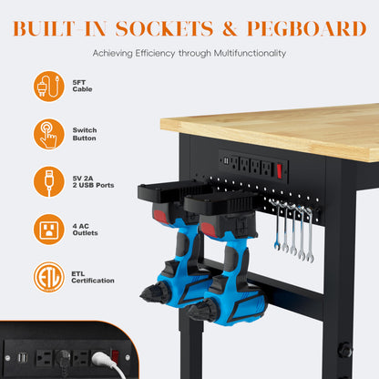 Betterhood 48" Heavy Duty Adjustable Workbench with Large Pegboard, Adjustable Work Table with Power Outlets & Lockable Wheels, Rubber Wood Workstation for Garage, Workshop, Office, Home, Com - WoodArtSupply