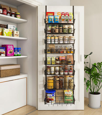 Mefirt Over The Door Pantry Organizer, Wall Mount Spice Rack, Pantry Hanging Storage and Organization, 8 Adjustable Baskets Heavy-Duty Metal for Home & Kitchen, Back of Door Seasoning Rack - Black