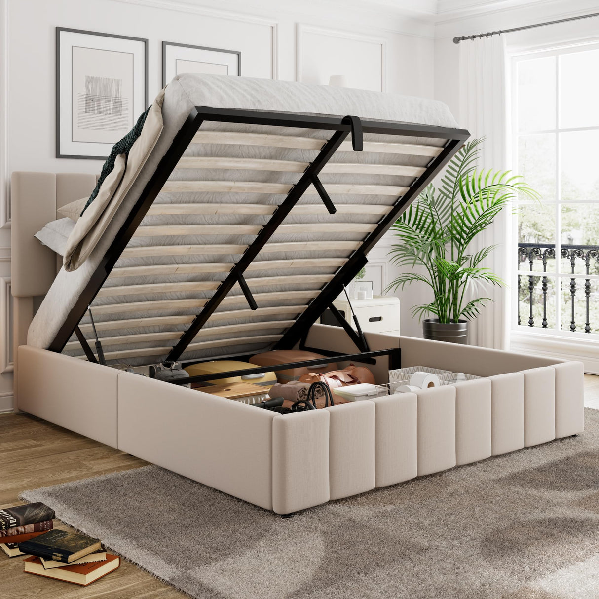 Merax Gas Lift Up Storage Platform Bed, Upholstered Bed Frame with Hydraulic Storage System and Wooden Slat Support, Queen Size, Beige Merax